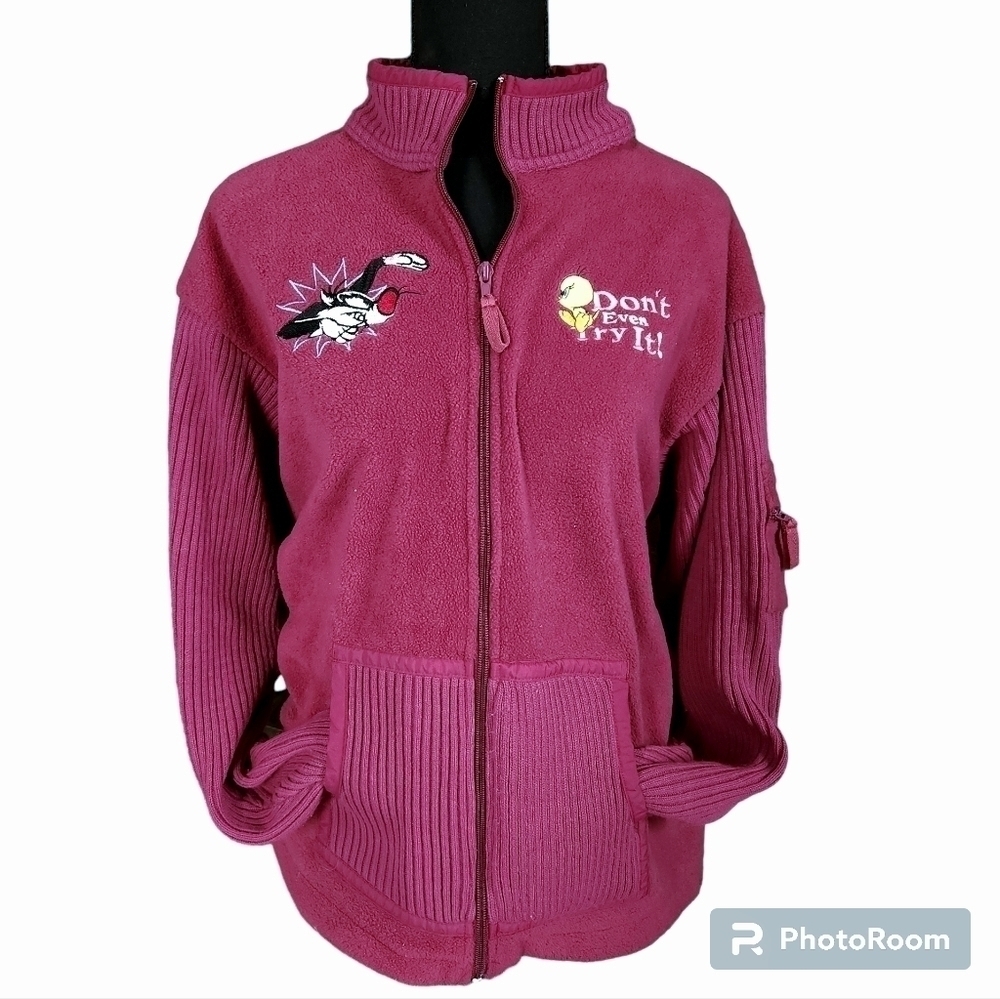 Y2K Looney Tunes Tweety Sylvester Full Zip Fleece Sweater